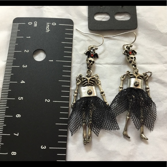 Bat and Skeleton Wearing Dress Dangle Earrings - Picture 7 of 8